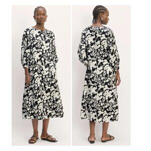 Everlane The Linen A-Line Midi Dress Black & White Floral Size M